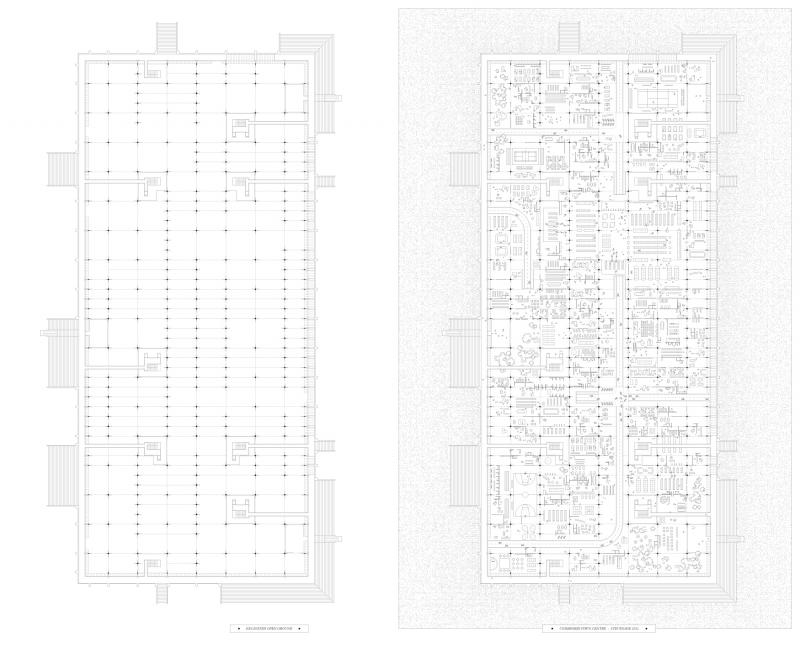 Right: Plan of excavated ground as an empty framework. With the clarity of the open and adaptable space, the purpose of the undergrid is to expose the civic, commercial and cultural workings to visually read and understand the town centre’s demand, demographics and usage. 

Left: Inhabited ground showing the gathering of fragmented programs and community life in the town centre.
